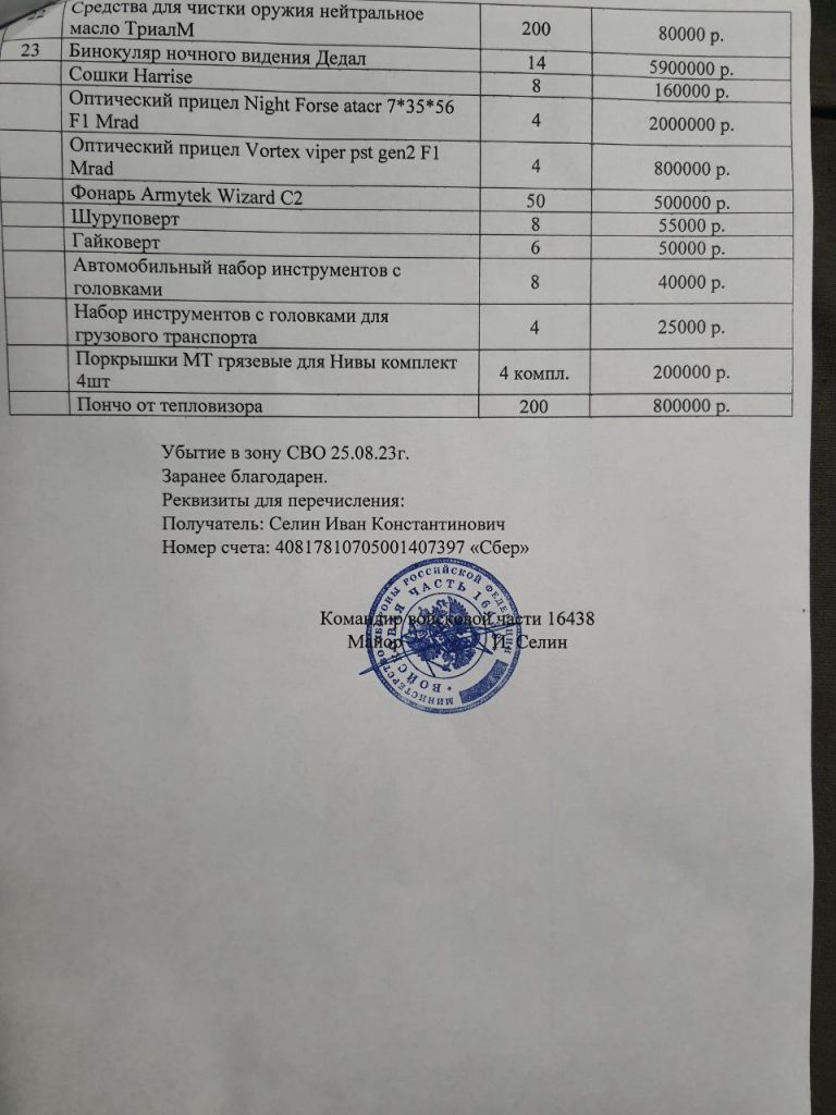 На фото список нужных вещей солдатам на передовой линии войны на Донбассе утверждённый командованием воинской части. Стр 2.